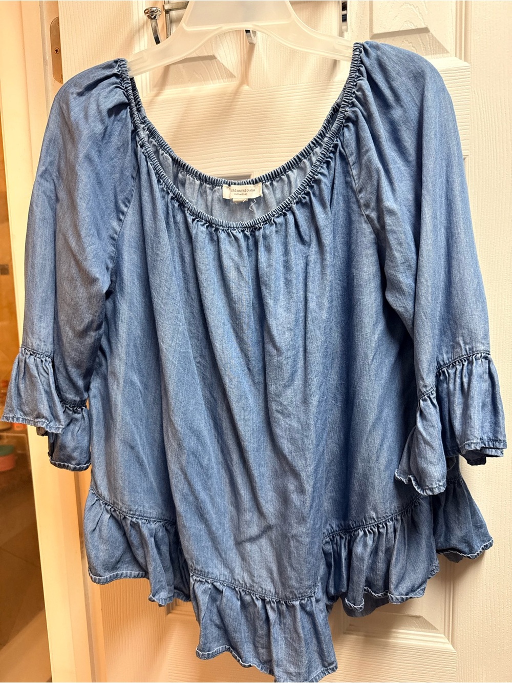 beachlunchlounge Light Blue Denim Ruffle Peasant Blouse